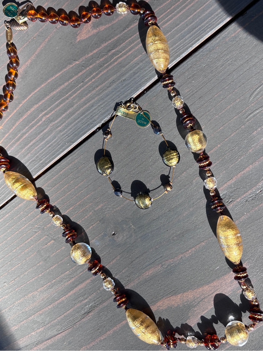 Perini Murano Glass Necklace Bracelet Set Italy Gold Foil Amber Brown Handmade